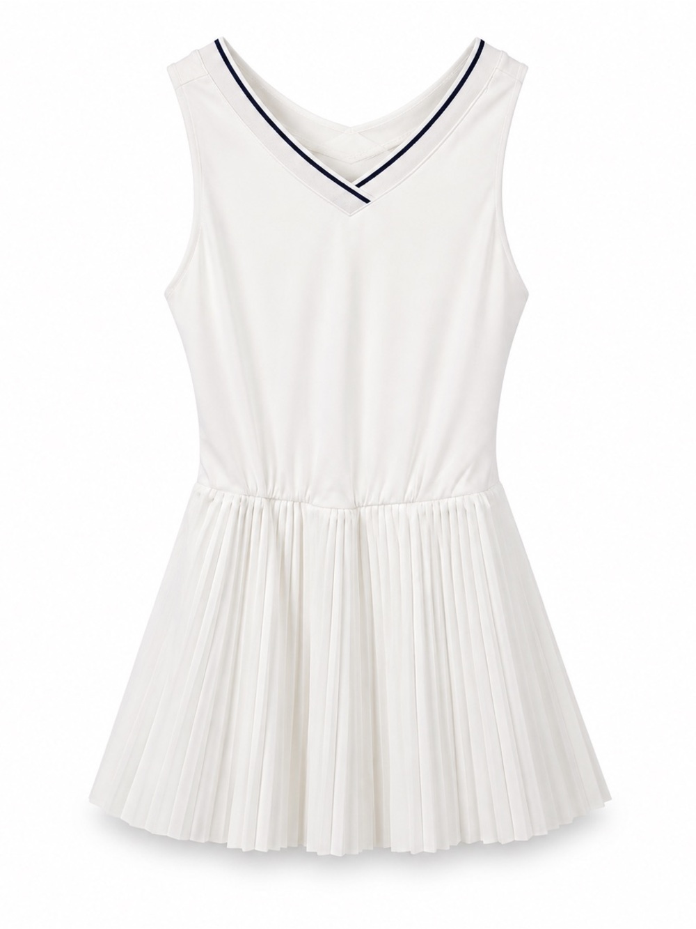Old Navy White Pleated V-Neck Tank Dress with Navy Trim